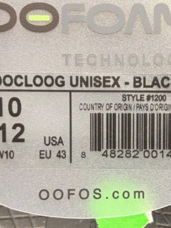 OOFOS OOcloog Clog Mens Size 10 Black Beach Outdoor Slip On Recovery Sandals